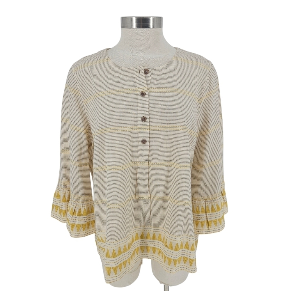 J. Jill Henley Shirt Butter Yellow Stripe Bell 3/4 Sleeve Peasant Top Petite PL